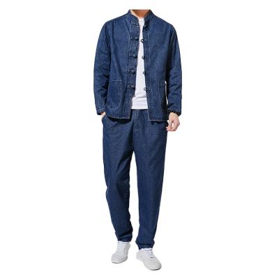 China 2021 New Chinese Style QUICK DRY Suit Men's Casual Stand Collar Buckle Tang Suit Washed Denim Sports Two-piece Suit for sale