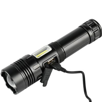 China Zoomable Led Flashlight Rechargeable Led Light Flashlight With Two Side Light Function 1500 Lumens Aluminum COB Lighting With Indicator for sale