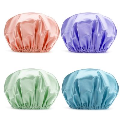 China Custom Reusable Satin Manufacturer Bath Accessories Dual Layer PE Cloth Women Viable Inner Bath Cap Reusable Waterproof Satin Shower Cap With Elastic for sale