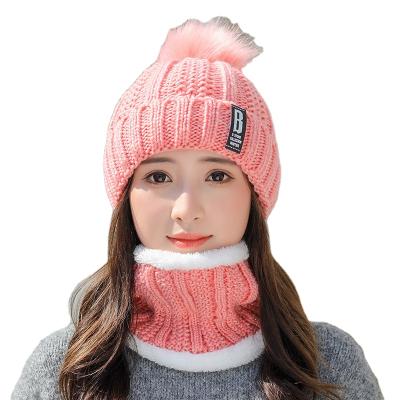 China Newest Factory Price COMMON Handmade Knitting 2021 Winter Hats And Scarf Beanie Ski Cap With Faux Fur Pompom for sale