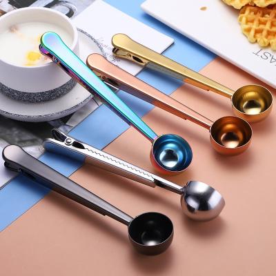 China Viable Multifunctional Stainless Steel With Clip Tea Cup Ground Coffee Food Milk Powder Food Sealing Scoop Measuring Spoon for sale