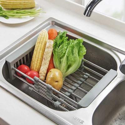 China Viable Over the Sink Basket Dish Drainer Kitchen Extendable Sponge Holder Organizer Trolley for Dishware Cutlery Set Stainless Steel for sale