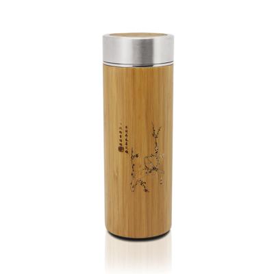 China Sustainable Eco Friendly Vacuum Insulated Low Moq Bamboo Water Bottle With Strainer for sale