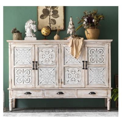 China Farmhouse Style Antique Home Furniture Adjustable (Size) White Washed Large Solid Wood 3 Drawer Sideboard With 4 Doors for sale