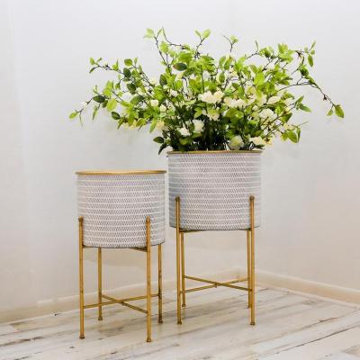 China American Style S/2 Embossed Big Tree Brass Welcome Balcony Garden Planters Flower Pot Round Antique White Metal Planter Stand With Stand for sale