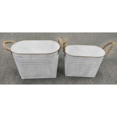 China Wholesale Durable S/2 Embossed Decor Metal Flower Barrel Large Vintage Outdoor Metal Rope Oval Garden Pots Planter for sale