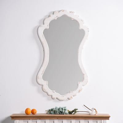 China Nordic Home Dressing Table Mirror Art Deco Panel Dressing Mirror Background Decoration Traditional Old Cream Wood White Mirror for sale