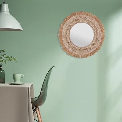 China Hand Made best sales corn knitting  antique decorative living room furniture handmade  wicker  wall mirror for sale