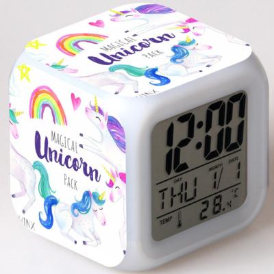 China Calendars Rainbow Unicorn Cartoon Illuminated Kids Study Alarm Clock, Battery Animal Alarm Clock Unicorn Blue Green Pink Color for sale