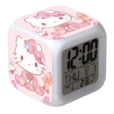 China Classroom cute cartoon helloo kitty desk alarm clock pink kitty cat RGB light clock for sale