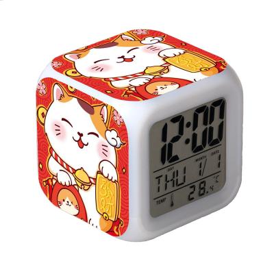 China Calendars Fortune Cat Cute Cartoon Alarm Clock Cubic Plastic Energy Saving Alarm Clock for sale