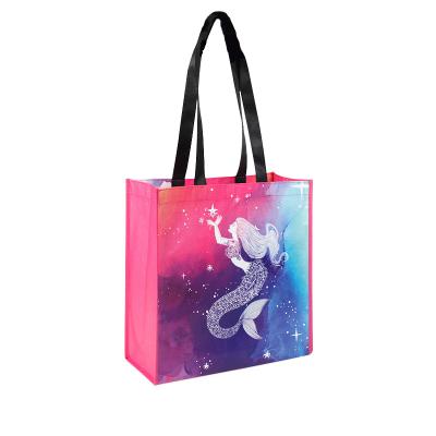 China Long Handles Reusable Recycled Plastic Bottle Eco-Friendly RPET Tote Bags With Custom Printed Logo for sale