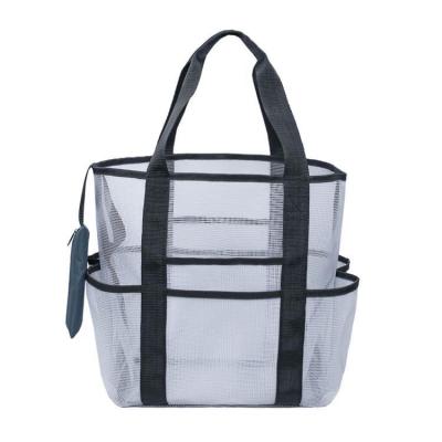 China Striped Nylon Handled Beach Tote Bag Fitness Swimming Shoulder Mesh Beach Tote Bag With Outside Pockets for sale