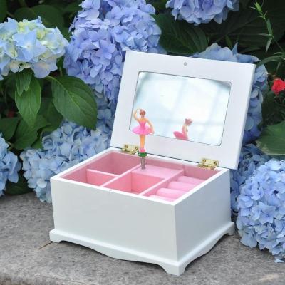 China Eco-friendly White Wooden Mirror Wind Jewelry Musical Crank Ballerina Girls Music Box for sale