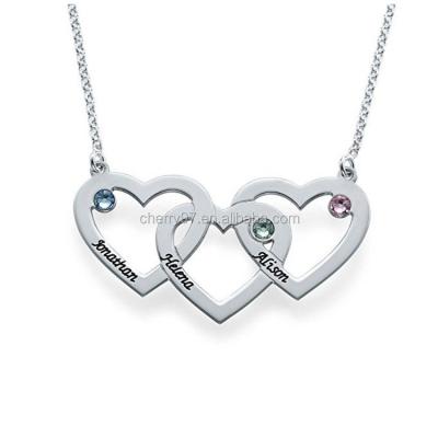 China Stainless Steel Birthstones Intertwined Personalized Jewelry Gift For Her Three Hearts Engraved Names Pendant Necklace for sale