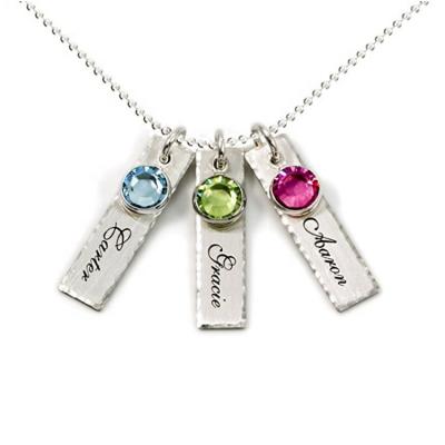 China Customized Casual/Sporty Three Stainless Steel Customize Bar 3 Birthstones Charm Names Engraved Pendant Necklace for sale