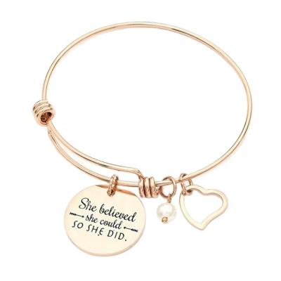 China Fashion Inspired Bracelet Personalized Stainless Steel Custom Engraved Wire Adjustable Expandable Bracelet for sale