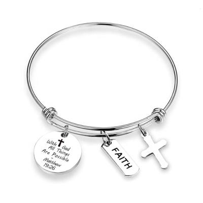 China Religious Christian Gift For Women Men Jewelry, Stainless Steel Cross Custom Engraved Adjustable Charm Wire Bracelet for sale