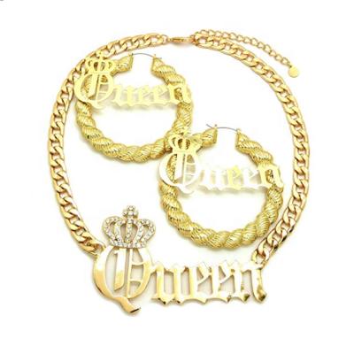 China TRENDY Gold Plated Stainless Steel Fashion Women's Statement Queen Pierced Earrings Necklace Set Hip Pop Jewelry for sale