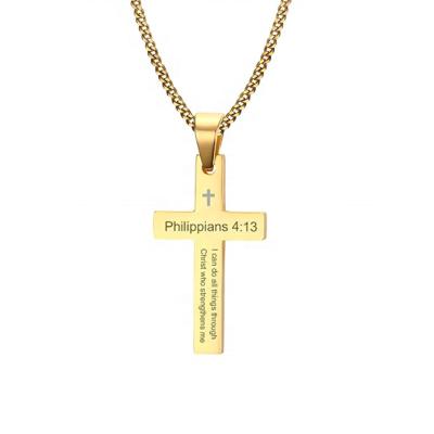 China Fashion Men's 18k Gold Plated Engraved Stainless Steel Philippian 4 13 Christian Cross Pendant Bible Verse Necklace for sale