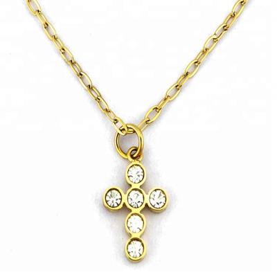 China TRENDY 18k Gold Plated Design Long Chain Women Fashion Crystal Stainless Steel Tiny Cross Pendant Necklace for sale