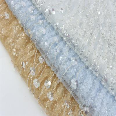 China Breathable Sequin Beads Round Beads Three Dimensional Wedding Dress , Embroidered Dress Fabric for sale