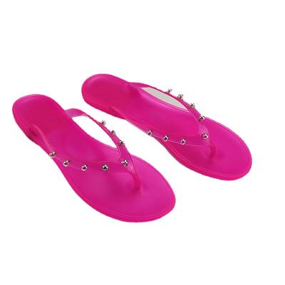 China CUSHIONING New spring and summer color jelly crystal bead flip flop flat bottom colorful ladies slippers for sale