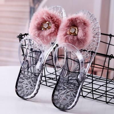 China CUSHIONING New Style Diamond Glitter Flower Wool Transparent Jelly Slippers Women Decorative Flip Flops Sandals for sale