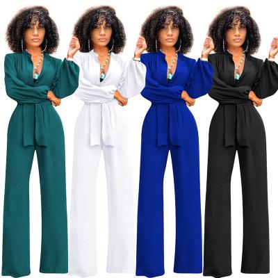 China High Quality QUICK DRY Long Sleeve V-Neck Overalls Button Ladies Belt Straight Leg Solid Color Overalls for sale