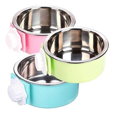 China Removable Hanging Dog Bowl Stainless Steel Pet Cage Bowl Food And Water Feeder Cage Cup For Cat Puppy Birds Rats Guinea Pigs for sale