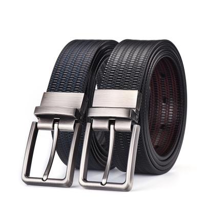 China Fashion Quality Black Brown Reversible Men Genuine Embossed Cowhide Leather Dress Belt With Rotating Buckle for sale