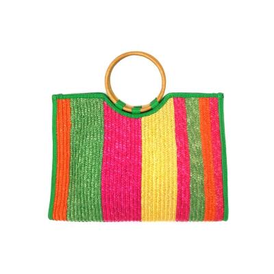 China Wholesale Colorful Straw Bag With Round Wood Handle Handmadebeach Bag for sale