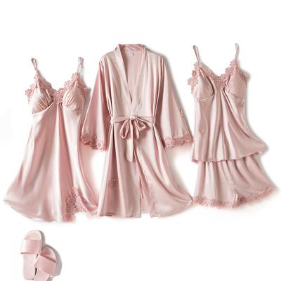 China Summer four-piece QUICK-DRY bridle, pajamas home service simulation stretch women's silk satin pajamas sleepwear set for sale