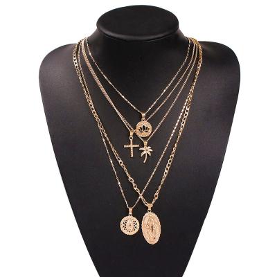 China Hiphop Fashion Metal Chain Pendant Necklace For Women Vintage Heart Cross Coin Lock Necklace Multilayer Gold Necklace Choker Jewelry for sale