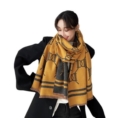 China 2022 new winter female cotton double D letter jacquard scarf women's cotton live style burst shawl to keep warm and windproof for sale