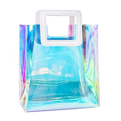 China Fashion Custom Women Fashion Iridescent Holographic PVC Reusable Waterproof Clear Tote Handle Bag For Gift Shopping Packaging for sale