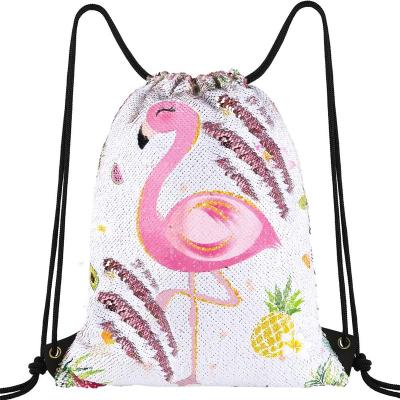 China Pink Waterproof Mermaid Flamingo Sequins School Travel Sports Drawstring Backpack For Girls Birthday Gift for sale