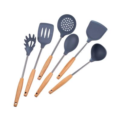 China Sustainable Amazon Heat 6 Sets Kitchen Utensils Cooking Tools Silicone Heat Resistant Kitchen Utensils With Nonstick Wooden Handles for sale