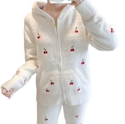 China New Design Soft Cozy Girl Autumn And Winter Hooded Knitted Coral Fleece Loungewear Set Cherry Embroidered Soft Wool Pajama for sale