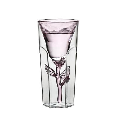 China High Borosilicate Glass Water Coffee Cup Double Layer Double Wall Rose Glass Cup Viable Creative Glass Tea Cups for sale