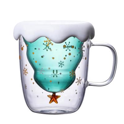 China Sustainable Hot Selling Christmas Tree Shape Drinking Glass Mugs Double Wall Glass Coffee Mug With Handle for sale