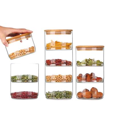 China Freshness Preservation Stackable Modern Clear Kitchen Storage Airtight Glass Jar Set With Bamboo Lid for sale