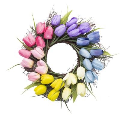 China Fabric/Rattan/Decorative Wholesale Plastic Artificial Tulip Wreaths Easter Spring Flowers Twig Wreath Decorative Decor for sale