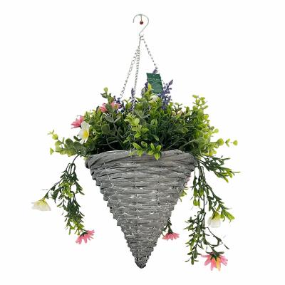 China New Design Office Garden Decor Pink&White Plastic Flower Decoration Artificial Plant Pots With Gray Hanging Cone for sale