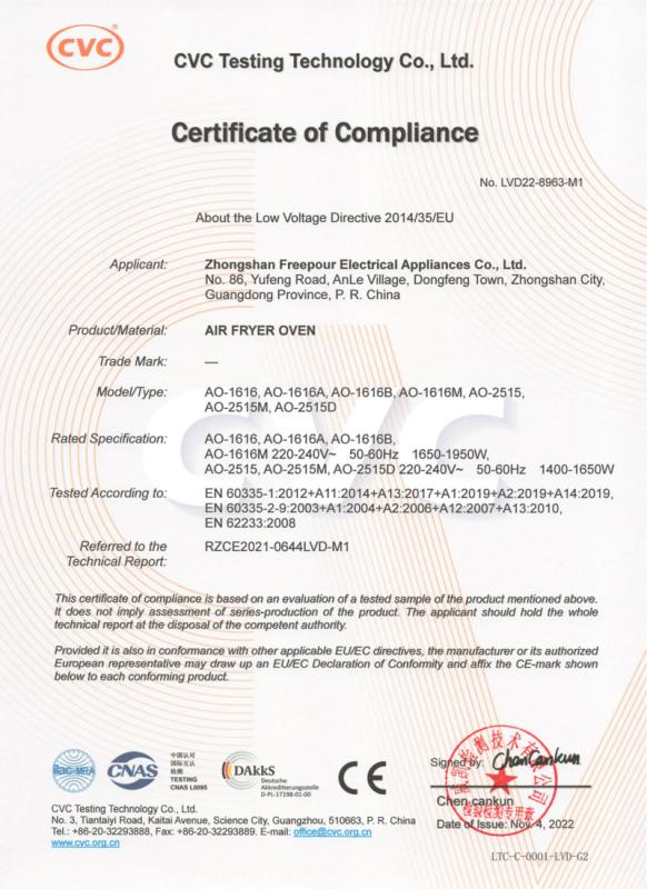 CE - Zhongshan Freepour Electrical Appliances Co., Ltd.