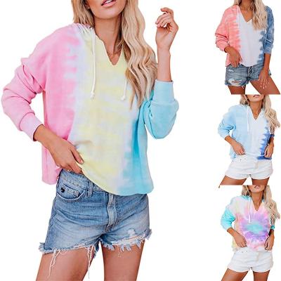 China Breathable Women Casual Long Sleeve Tie Hooded Dye Tops Loose Hoodies For Women for sale