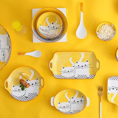 China Cat Cartoon Yellow Ceramic Plates Bowl Tableware Breakfast Dish Porcelain Stocked Dinner Set For Child for sale