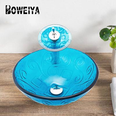 China Factory Modern Minimalist Professional Blue Vintage Toilet Wash Basin Bathroom Vanity Basin Antique Modern Cabinet Set Glass Bowl Sinks for sale