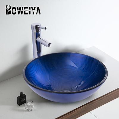 Cina Modern Minimalist Hot Product Blue Minimalist Cheap Basin Cabinet Set Glass Countertop Vessel Sink Design Worktop Hand Sink Designs in vendita