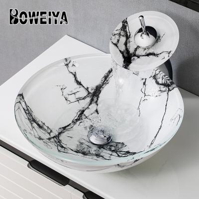 China Custom Boweiya Chinese Factory Painting Ink Wash Basin Marble Ink Color Table Top Bathroom Sink Cabinet Ceramic Glass Black White Wash Basin Cabinets à venda